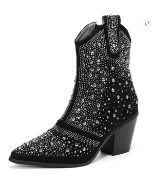 DADAWEN Black Rhinestone Western Ankle Boots Size 8 thumbnail 1