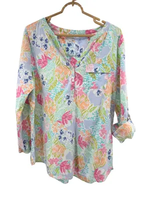 J. Jill Floral Watercolor Tunic in Blue, Pink, Green cotton roll tab sleeves M thumbnail 1