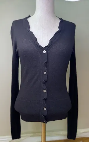 Elie Tahari Women's Silk Cashmere Ruffle Long Sleeve Button Black Cardigan XS thumbnail 1