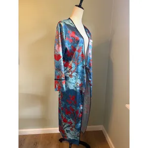 Blue Floral Duster robe Long Sleeve Maxi Kimono Robe Bird boho whimsi Sm dainty thumbnail 3