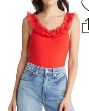 & Other Stories NWT‎ Organza Red Ruffle Bodysuit Size Large thumbnail 1