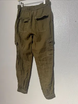 Nicole Miller Linen Cargo Jogger Pants Olive Green Sz S European Flax Contrast thumbnail 4
