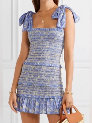 LoveShackFancy Belle Smocked Tie Straps Cotton Mini Dress Blue Jay Floral Print thumbnail 1