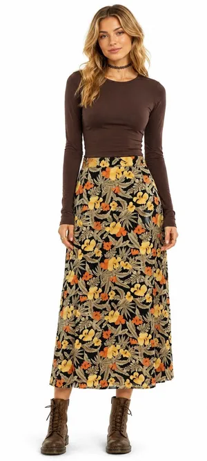 Vintage ‘90s Sag Harbor Orange, Yellow & Beige Tropical Floral Print Maxi Skirt thumbnail 1