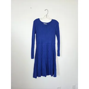 Eliza J Cobalt Blue Cable Knit Midi Dress Chevron Long Sleeve Modest Teacher M thumbnail 5