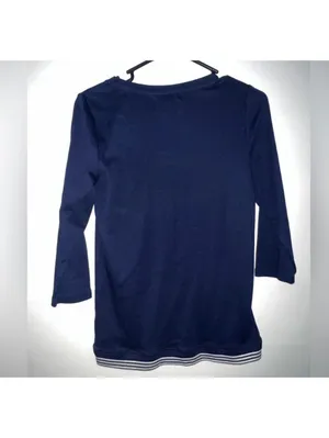 Lauren Ralph Lauren Navy Blue Cotton V-Neck Top with Striped Trim, Size PM thumbnail 3