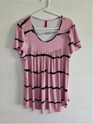 Anymiss XL Pink Black Wavy Stripe Babydoll Tunic Top Short Sleeve thumbnail 1