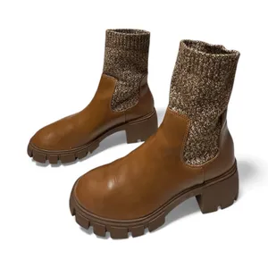 Universal Threads Keely Faux Leather Cognac Ankle Boots Knit Cuff Chunky Heel thumbnail 3