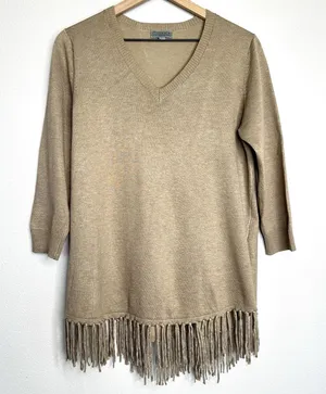 Joseph A. Fringe Knit Sweater Sz L Tan Taupe Boho Festival Indie Cottage thumbnail 1