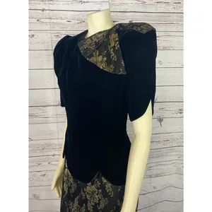 Vintage 1980s Scott McClintock Black Velvet Gold Brocade Dress Open Back S/M thumbnail 13