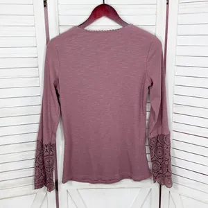 Ribbed Knit Lace Cuff Long Sleeve Henley Shirt‎ Mauve Dusty Rose Size Large thumbnail 9