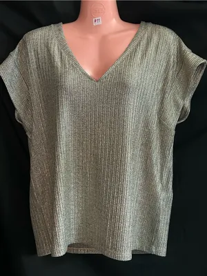 White House Black Market Women’s Metallic Silver V-Neck Ribbed Knit Top MD thumbnail 1