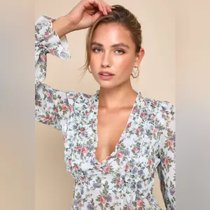 NWT Lulus Undeniably Darling Light Blue Floral Chiffon Balloon Sleeve Top XS thumbnail 3