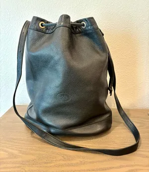Vintage Longchamp Paris Black Pebbled Leather Drawstring Bucket Shoulder Bag thumbnail 1