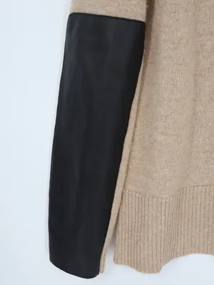 J.Crew Wool Cashmere V-Neck Sweater Small Tan Leather Sleeve Panels Tan thumbnail 11