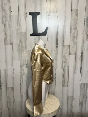 SHEIN Champagne Gold Satin Button Down Crop Top Womens Large Corset Hem Blouse thumbnail 3