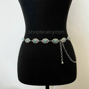 Silver Turquoise Oval Western Boho Chain Belt, Fits 24-43 Inches, X7GA1264 thumbnail 3