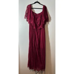 Holipick XXL Magenta Pink Flutter Sleeve Lace Overlay Off-Shoulder Maxi Dress thumbnail 2