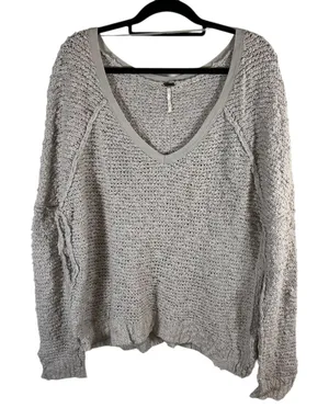Free People‎ Womens Oversized V-Neck Textured Knit Sweater Beige Large thumbnail 1