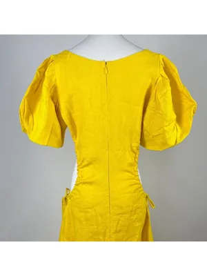 NWOT Farm Rio Linen Puff-Sleeve Cutout Midi Dress Yellow Size S thumbnail 9