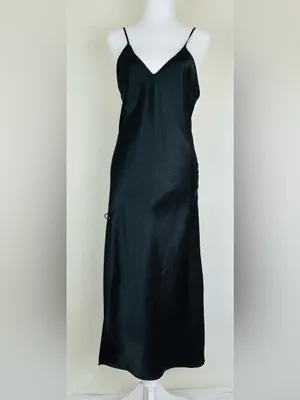 90s Minimalist Black Satin Slip Dress Side Slit Maxi S thumbnail 2