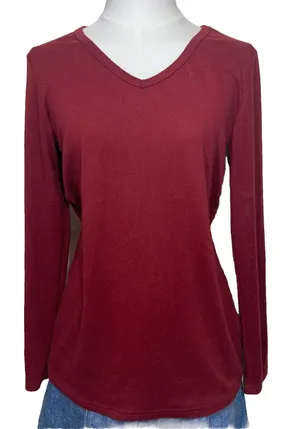 Yidarton V-Neck‎ Top Womens Small Burgundy Long Sleeve Curved Hem Solid Tee thumbnail 1