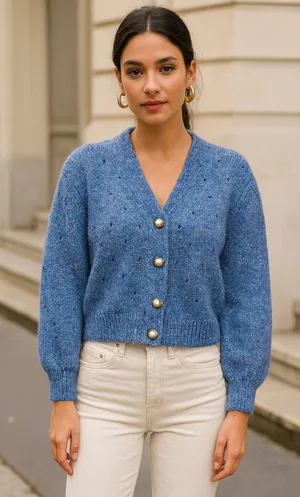 Source Unknown Boutique‎ Dreamy Blue Pointelle Knit Cardigan with White Buttons Size Medium thumbnail 1