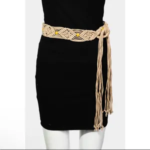 NWT Macrame Boho Woven Rattan Straw Rope Braid Waist Belt Khaki Tan thumbnail 2