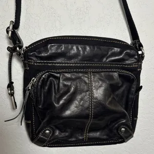 Fossil Black Canvas Leather Purse Bag Silver Hardware Key 10x11 Long Strap Y2K thumbnail 3
