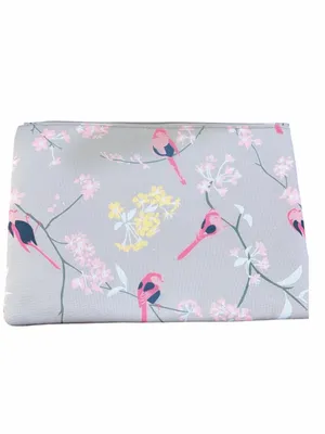 Gray Floral and Bird Print Zipper Cosmetic Makeup Travel Pouch thumbnail 2