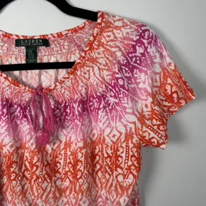 Lauren Ralph Lauren Medium Top Womens 100% Cotton Pink Orange Boho Short Sleeve‎ thumbnail 8