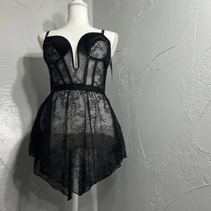 Roma Black Sheer Lace Babydoll Chemise with Plunge Cups thumbnail 7