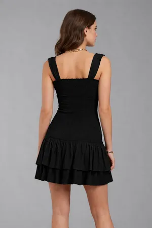 American Eagle Black Smocked Mini Dress Ruffle Hem Sleeveless Size Large thumbnail 2