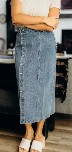 SheIn Denim Maxi Skirt Offset Buttons Medium Wash Casual Modest Clean Girl Country M thumbnail 1