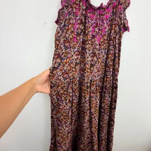 Natural Life Womens XS/S Floral Tiered Midi Dress Pink Embroidered Pockets Brown thumbnail 5