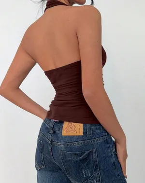 Brown Square Neck Halter Fold Crop Top thumbnail 2