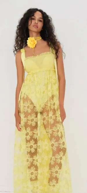 For Love & Lemons Yellow Maxi Dress NWT XS Bodysuit Overlay thumbnail 1