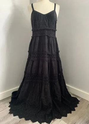 Anthropologie Love The Label Black Flocked Lace Crochet Tiered Cotton Maxi Sz XS thumbnail 1