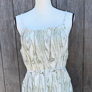 S Deer Shabby Chic Spaghetti Strap Cream & Green Print Elegant Maxi Dress Size L thumbnail 2