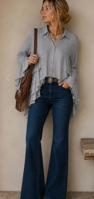 Free People Grey & White Striped Ruffled Tiered Long Sleeve Blouse Womens S Top thumbnail 1