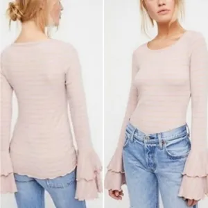 Free People We The Free Bell Sleeve Striped Pink Scoop Neck Top Small thumbnail 2