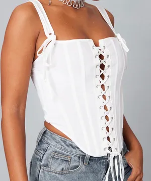 Prettylittlething Cream Velvet Lace Up Top thumbnail 4