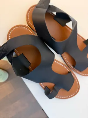 Black Leather Slide Sandals with Tan Footbed - Women thumbnail 2