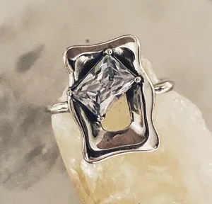 Womens Sterling Silver Geometric Glass Stone Adjustable Ring thumbnail 1