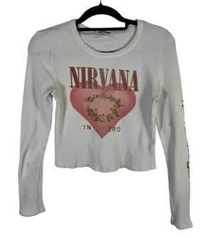Daydreamer Nirvana In Utero Thermal Long Sleeve Crop Top Cream Grunge‎ 90's Band thumbnail 1