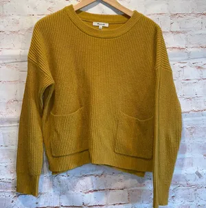 Madewell patch pocket pullover sweater mustard yellow small tight knit cotton S thumbnail 1