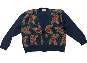 Pendleton Navy Floral Rose Print Cardigan Sweater Wool Knit Button Large Women's thumbnail 1