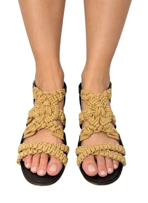 Tory Burch Women's Size 8 Macrame Woven Strappy Flat Sandals Black Tan thumbnail 1
