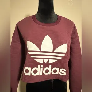 EUC Adidas Burgundy and White Long Sleeve Graphic Cropped Sweater size small thumbnail 2