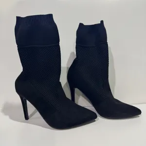 Anne Michelle Black Sock Booties Size 8 Mesh Knit Stiletto Pointed Toe Mid Calf thumbnail 2